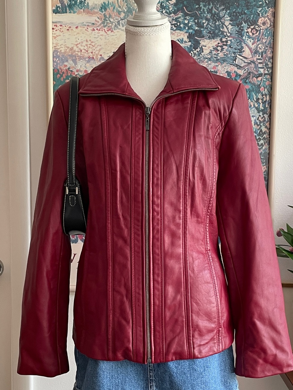 Kenneth Cole Genuine Leather Jacket Womens Medium Red Zip Up Moto Biker Punk Y2K